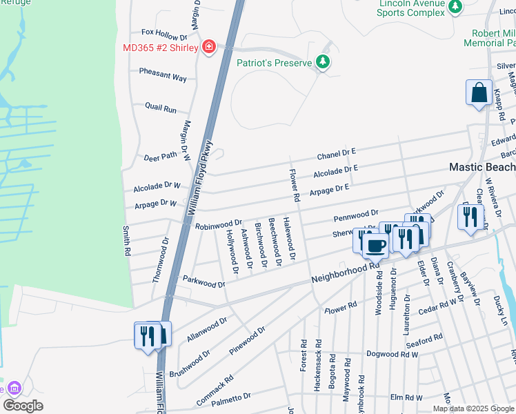 map of restaurants, bars, coffee shops, grocery stores, and more near 55 Arpage Drive East in Shirley