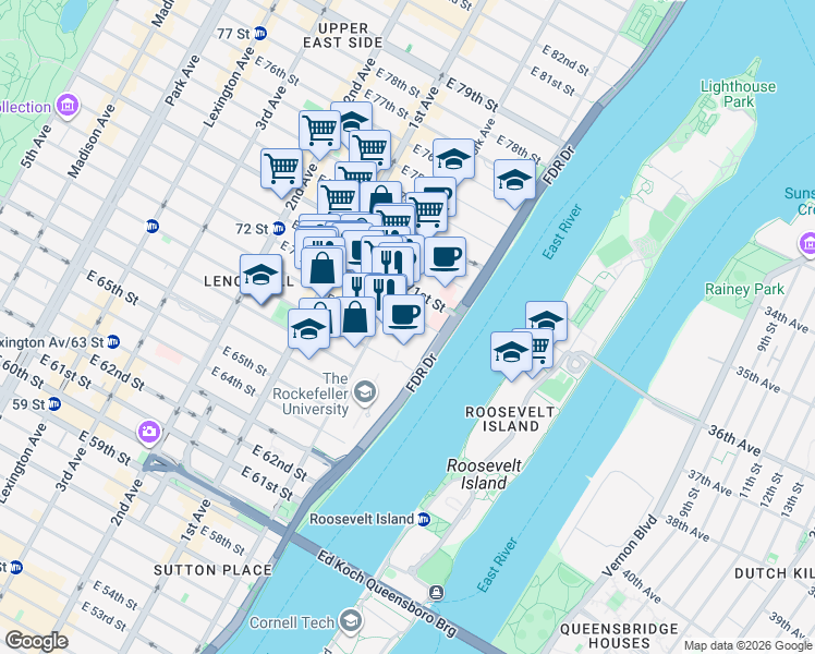 map of restaurants, bars, coffee shops, grocery stores, and more near 525 East 68th Street in New York