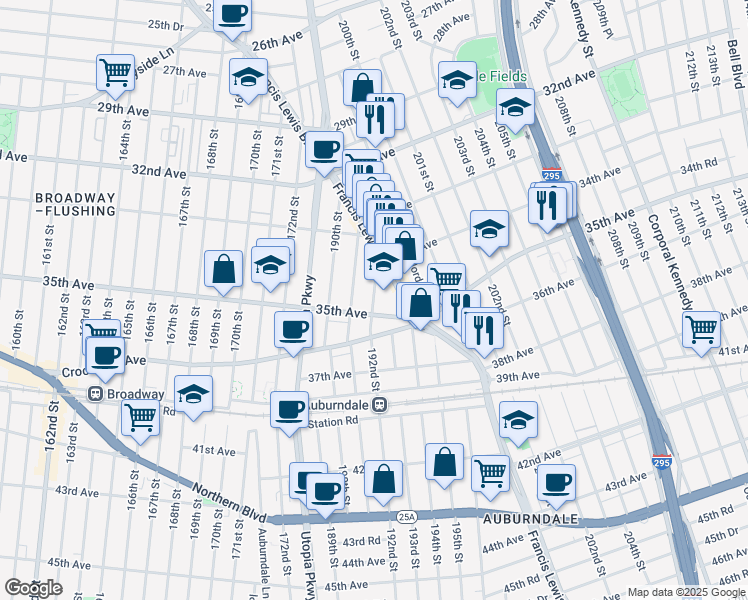 map of restaurants, bars, coffee shops, grocery stores, and more near 34 192nd Street in Queens