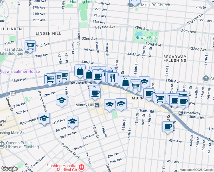 map of restaurants, bars, coffee shops, grocery stores, and more near 150-60 Northern Boulevard in Queens
