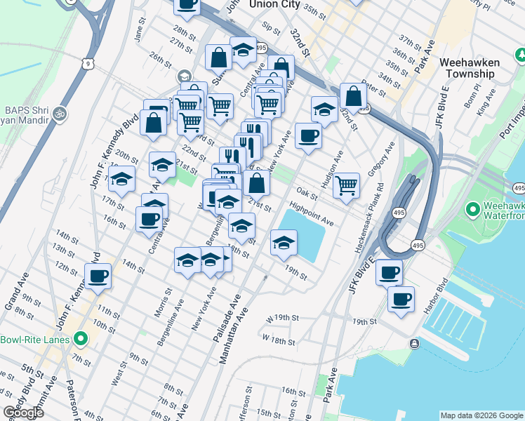 map of restaurants, bars, coffee shops, grocery stores, and more near 2105 New York Avenue in Union City