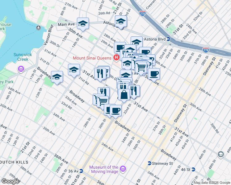 map of restaurants, bars, coffee shops, grocery stores, and more near 29-08 31st Avenue in Queens