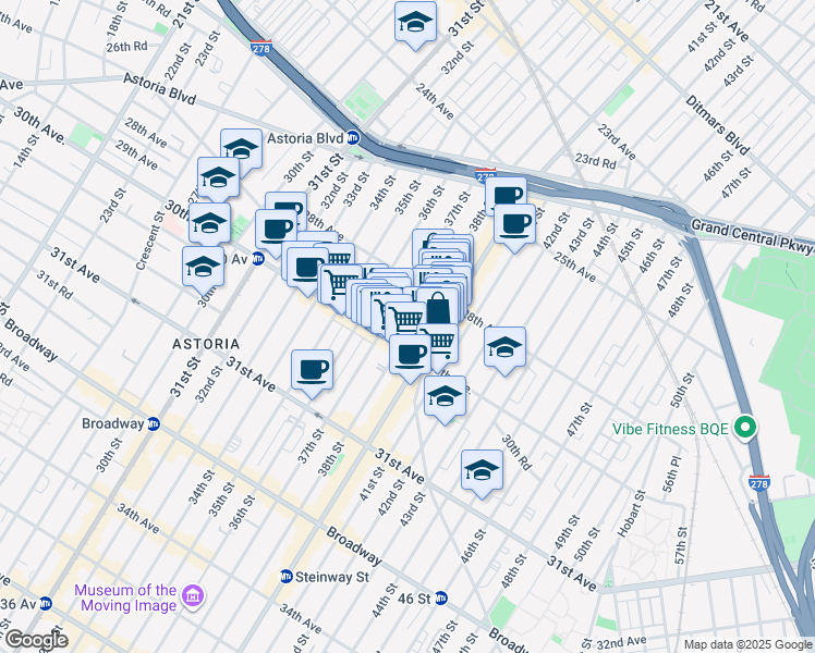 map of restaurants, bars, coffee shops, grocery stores, and more near 28-21 37th Street in Queens