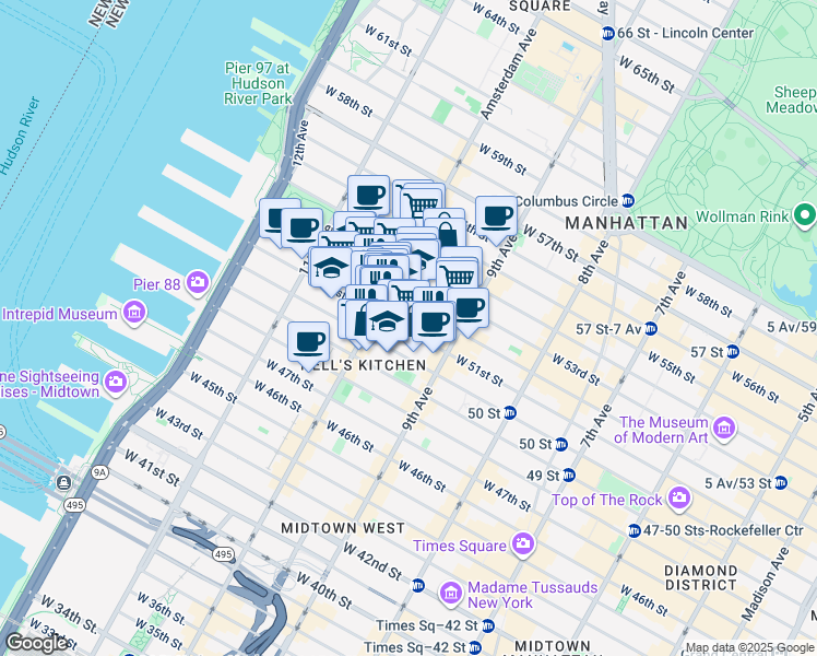 map of restaurants, bars, coffee shops, grocery stores, and more near 441 West 51st Street in New York