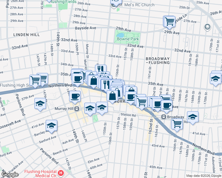 map of restaurants, bars, coffee shops, grocery stores, and more near 35-9 156th Street in Queens