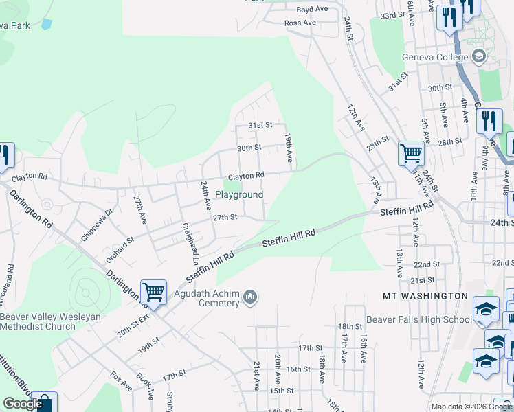 map of restaurants, bars, coffee shops, grocery stores, and more near 2800 21st Avenue in Beaver Falls