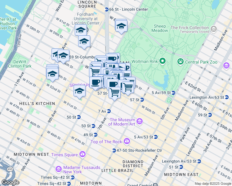 map of restaurants, bars, coffee shops, grocery stores, and more near 880 7th Avenue in New York