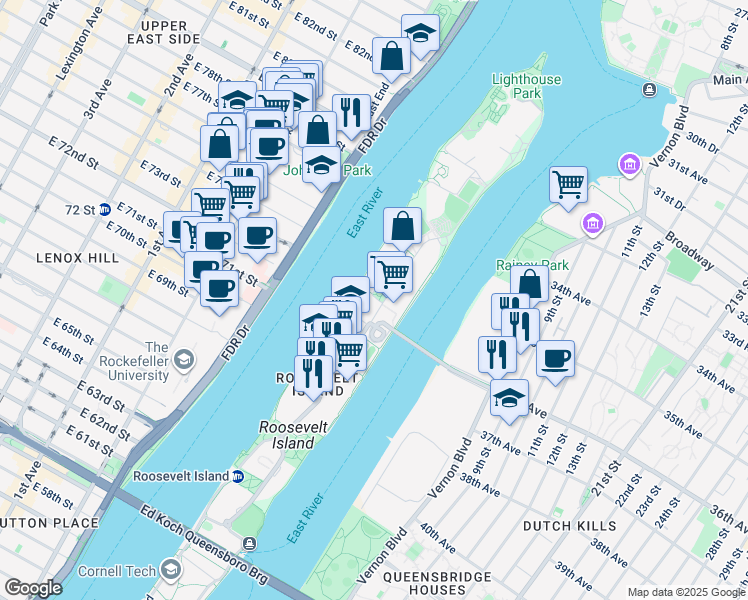 map of restaurants, bars, coffee shops, grocery stores, and more near 4 River Road in New York