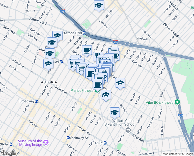 map of restaurants, bars, coffee shops, grocery stores, and more near 28-42 38th Street in Queens