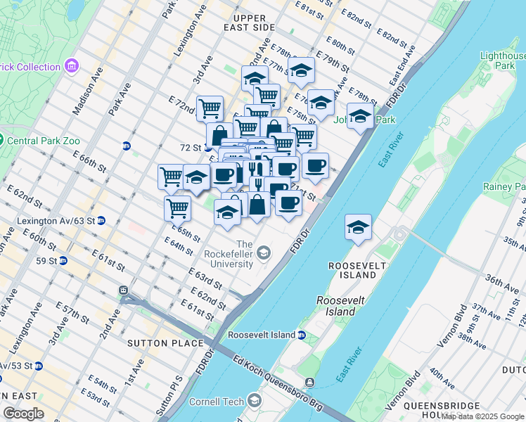 map of restaurants, bars, coffee shops, grocery stores, and more near 1283 York Avenue in New York