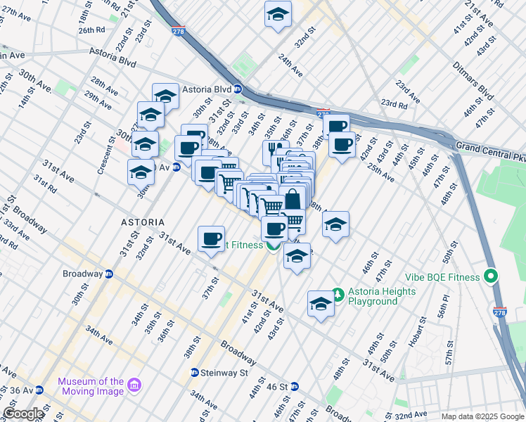 map of restaurants, bars, coffee shops, grocery stores, and more near 28-21 37th Street in Queens