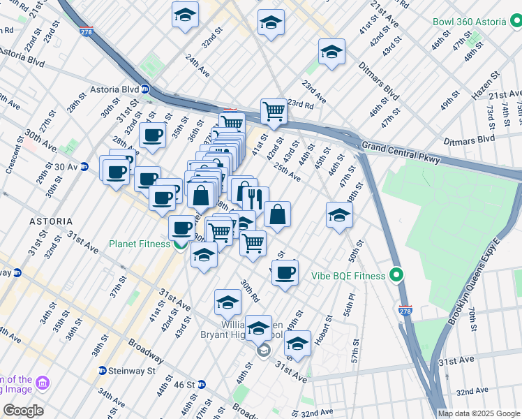 map of restaurants, bars, coffee shops, grocery stores, and more near 25-73 43rd Street in Queens