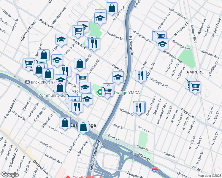 map of restaurants, bars, coffee shops, grocery stores, and more near 195 North Munn Avenue in East Orange