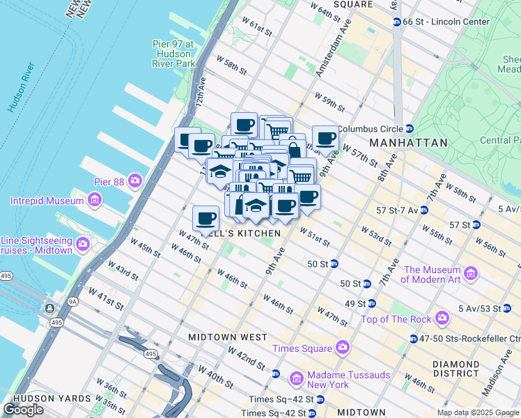 map of restaurants, bars, coffee shops, grocery stores, and more near in New York