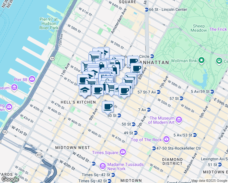 map of restaurants, bars, coffee shops, grocery stores, and more near in New York