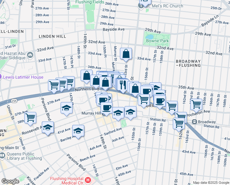 map of restaurants, bars, coffee shops, grocery stores, and more near 150-60 Northern Boulevard in Queens
