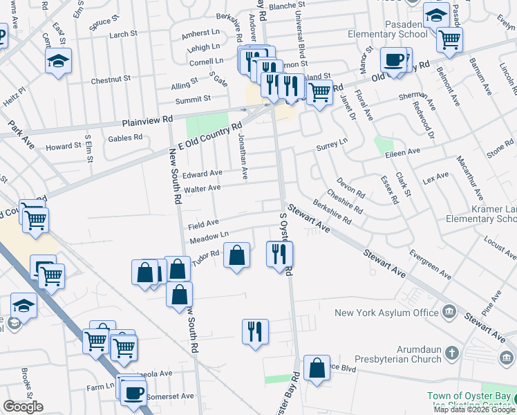 map of restaurants, bars, coffee shops, grocery stores, and more near 3 Field Court in Hicksville