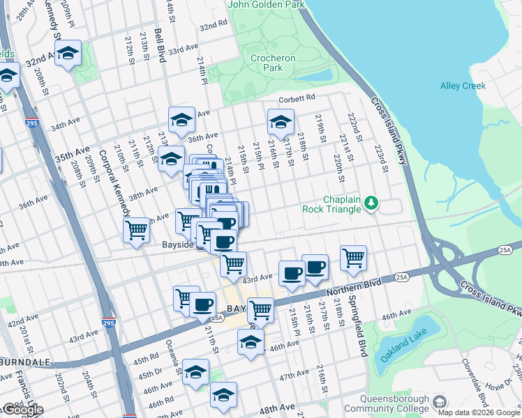 map of restaurants, bars, coffee shops, grocery stores, and more near 39-11 215th Street in Queens