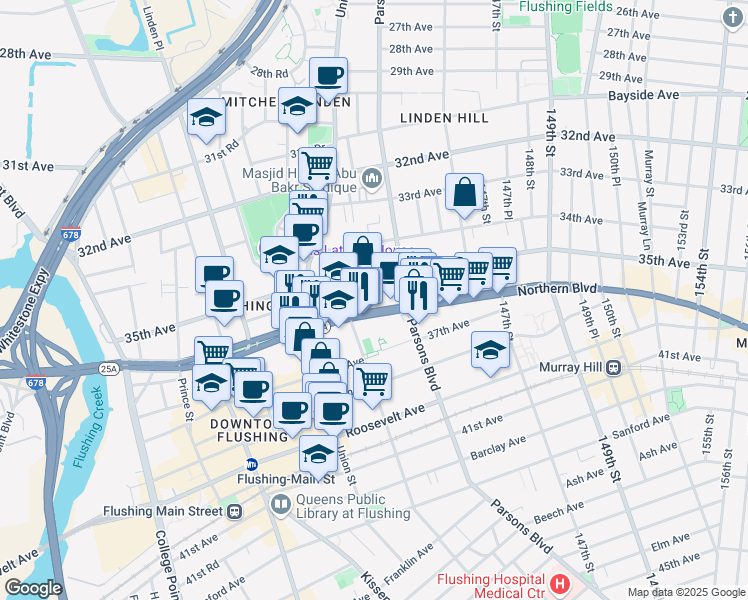 map of restaurants, bars, coffee shops, grocery stores, and more near 139-66 35th Avenue in Queens