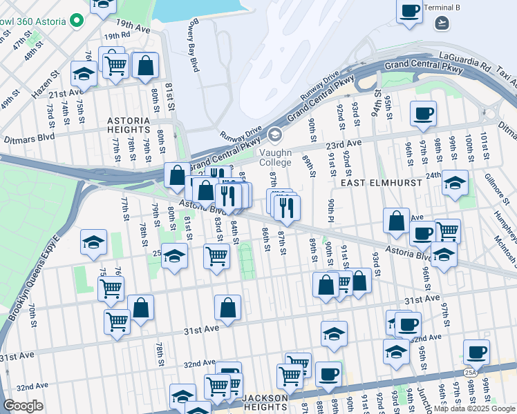 map of restaurants, bars, coffee shops, grocery stores, and more near 85-03 24th Avenue in Queens