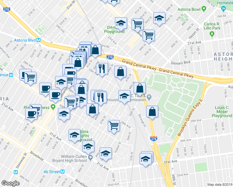 map of restaurants, bars, coffee shops, grocery stores, and more near 46-10 25th Avenue in Queens