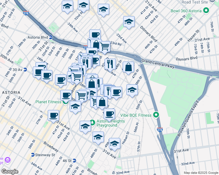 map of restaurants, bars, coffee shops, grocery stores, and more near 25-40 44th Street in Queens