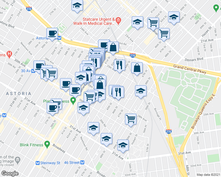 map of restaurants, bars, coffee shops, grocery stores, and more near 25-40 44th Street in Queens
