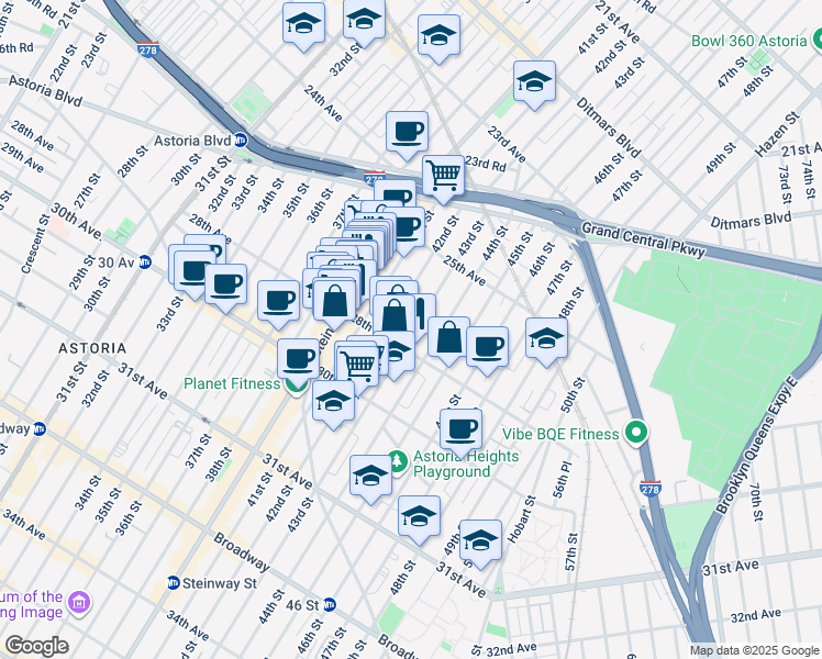 map of restaurants, bars, coffee shops, grocery stores, and more near 25-63 42nd Street in Queens