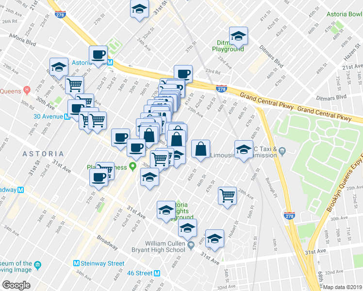 map of restaurants, bars, coffee shops, grocery stores, and more near 25-63 42nd Street in Queens