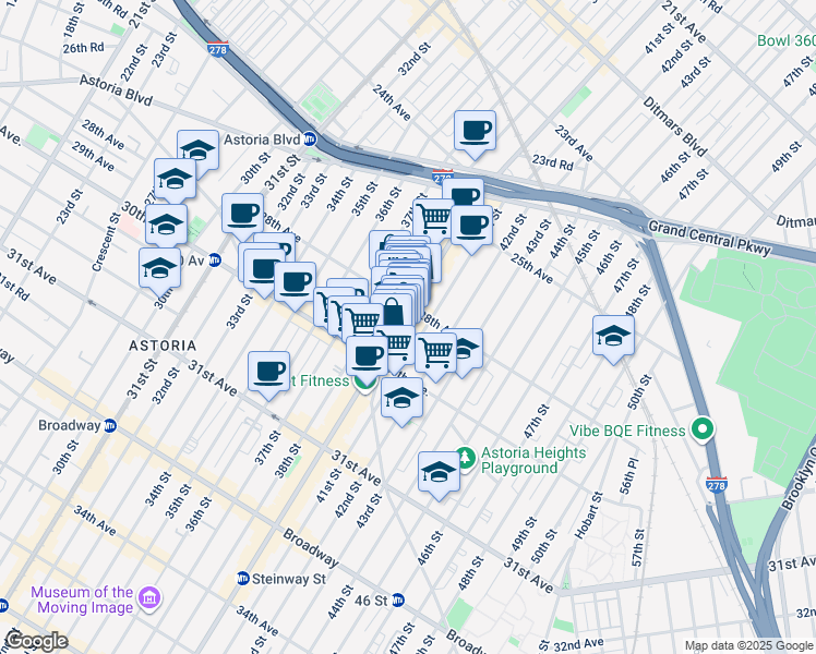 map of restaurants, bars, coffee shops, grocery stores, and more near in Queens