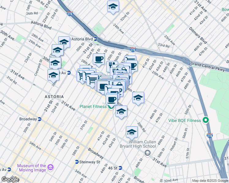 map of restaurants, bars, coffee shops, grocery stores, and more near 28-21 37th Street in Queens