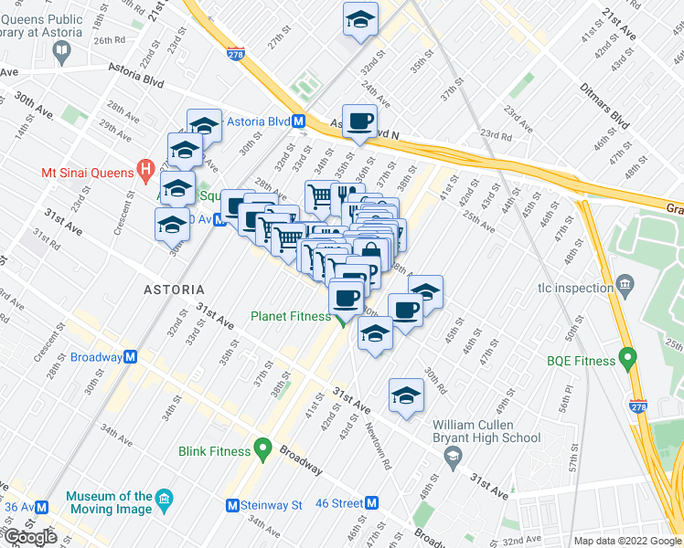 map of restaurants, bars, coffee shops, grocery stores, and more near 28-21 37th Street in Queens