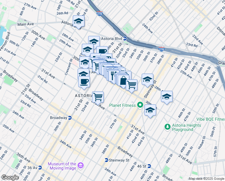 map of restaurants, bars, coffee shops, grocery stores, and more near 30-14 33rd Street in Queens