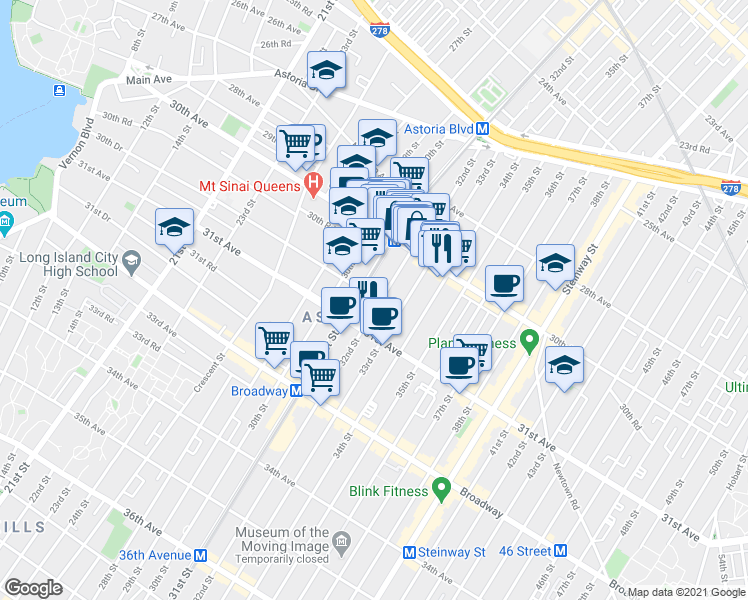 map of restaurants, bars, coffee shops, grocery stores, and more near 30-40 32nd Street in Queens