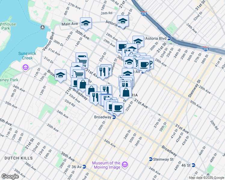 map of restaurants, bars, coffee shops, grocery stores, and more near in Queens