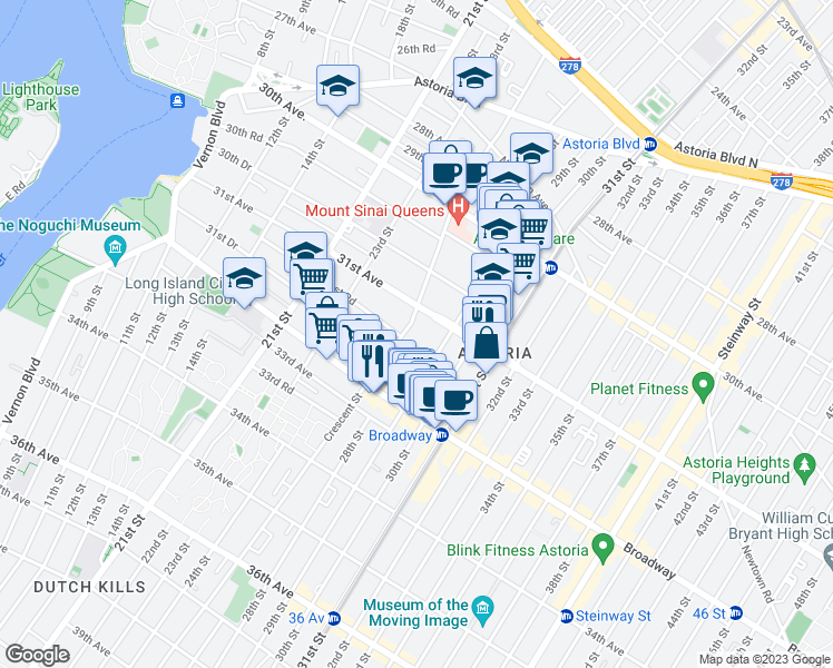 map of restaurants, bars, coffee shops, grocery stores, and more near in Queens