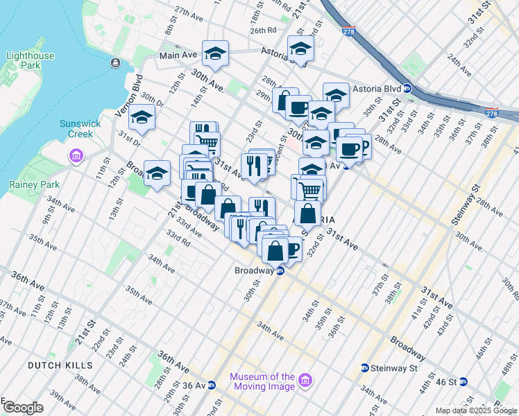 map of restaurants, bars, coffee shops, grocery stores, and more near 23-41 31st Road in Queens