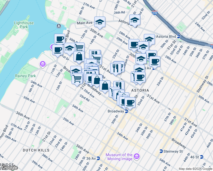 map of restaurants, bars, coffee shops, grocery stores, and more near 31-41 23rd Street in Queens