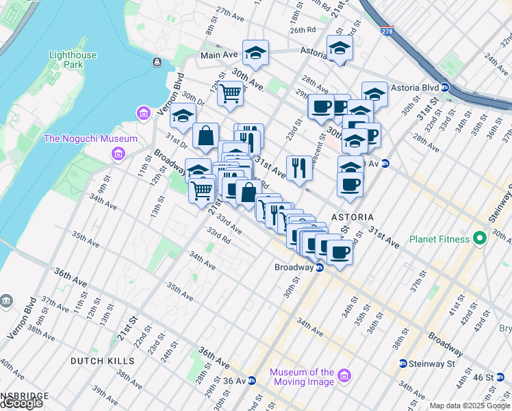 map of restaurants, bars, coffee shops, grocery stores, and more near 31-41 23rd Street in Queens