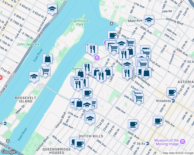 map of restaurants, bars, coffee shops, grocery stores, and more near 33-71 10th Street in Queens