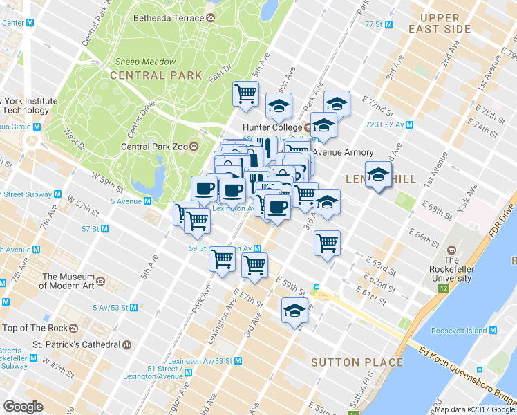 map of restaurants, bars, coffee shops, grocery stores, and more near in New York