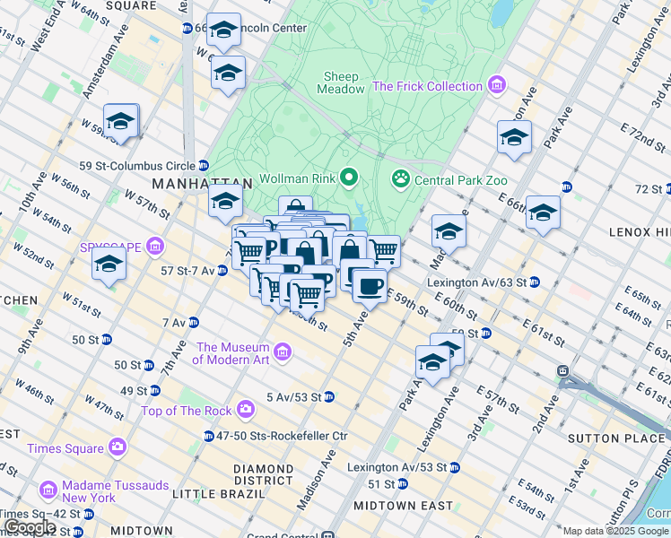 map of restaurants, bars, coffee shops, grocery stores, and more near 78 Central Park South in New York