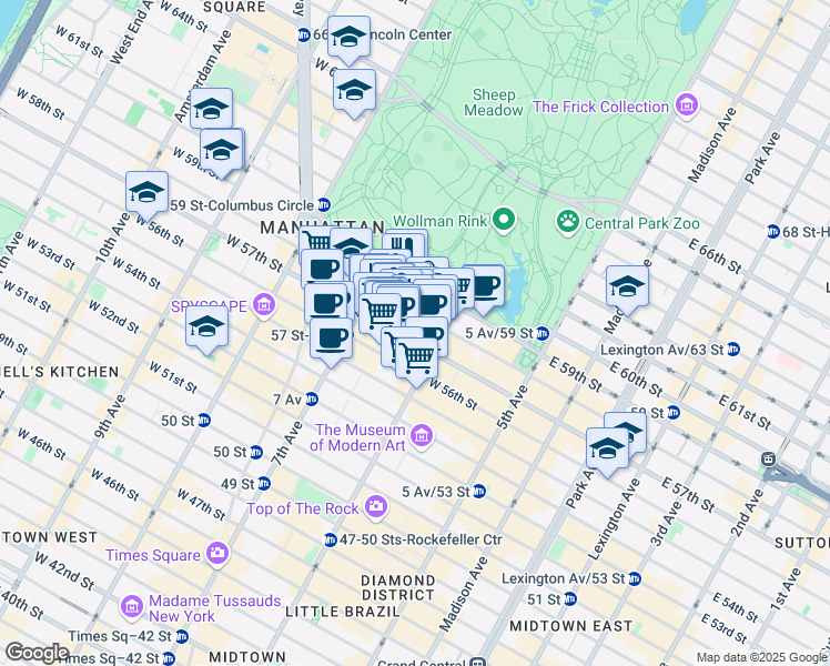 map of restaurants, bars, coffee shops, grocery stores, and more near 150 West 58th Street in New York