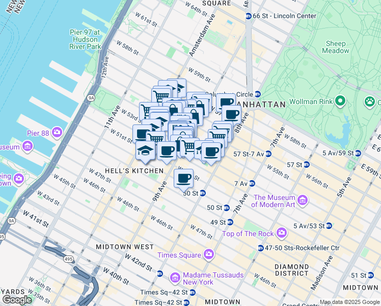 map of restaurants, bars, coffee shops, grocery stores, and more near in New York