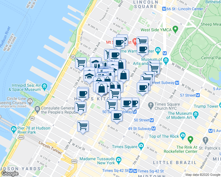 map of restaurants, bars, coffee shops, grocery stores, and more near 458 West 52nd Street in New York