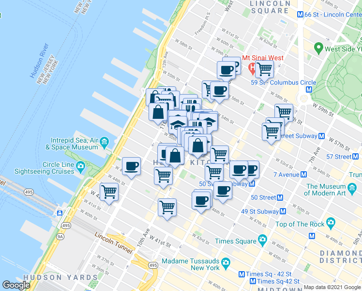 map of restaurants, bars, coffee shops, grocery stores, and more near 533 West 50th Street in New York