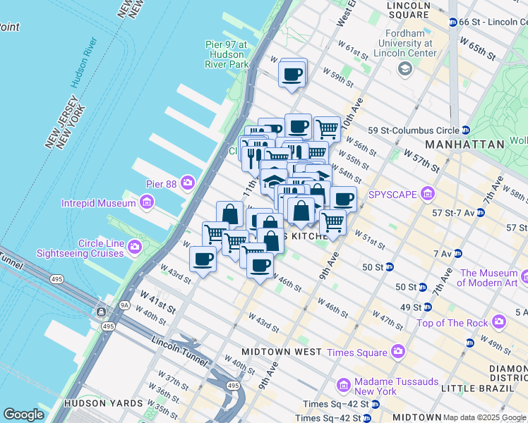 map of restaurants, bars, coffee shops, grocery stores, and more near 533 West 50th Street in New York