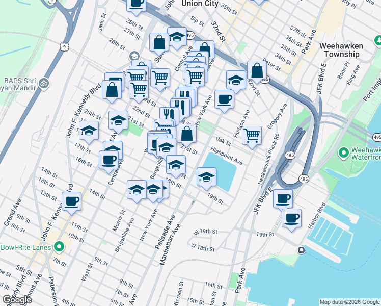 map of restaurants, bars, coffee shops, grocery stores, and more near 2105 New York Avenue in Union City