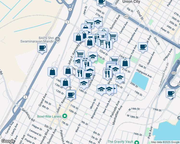 map of restaurants, bars, coffee shops, grocery stores, and more near 1800 Summit Avenue in Union City