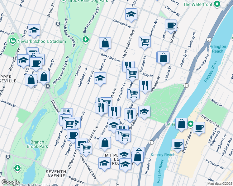 map of restaurants, bars, coffee shops, grocery stores, and more near 395 Mount Prospect Avenue in Newark